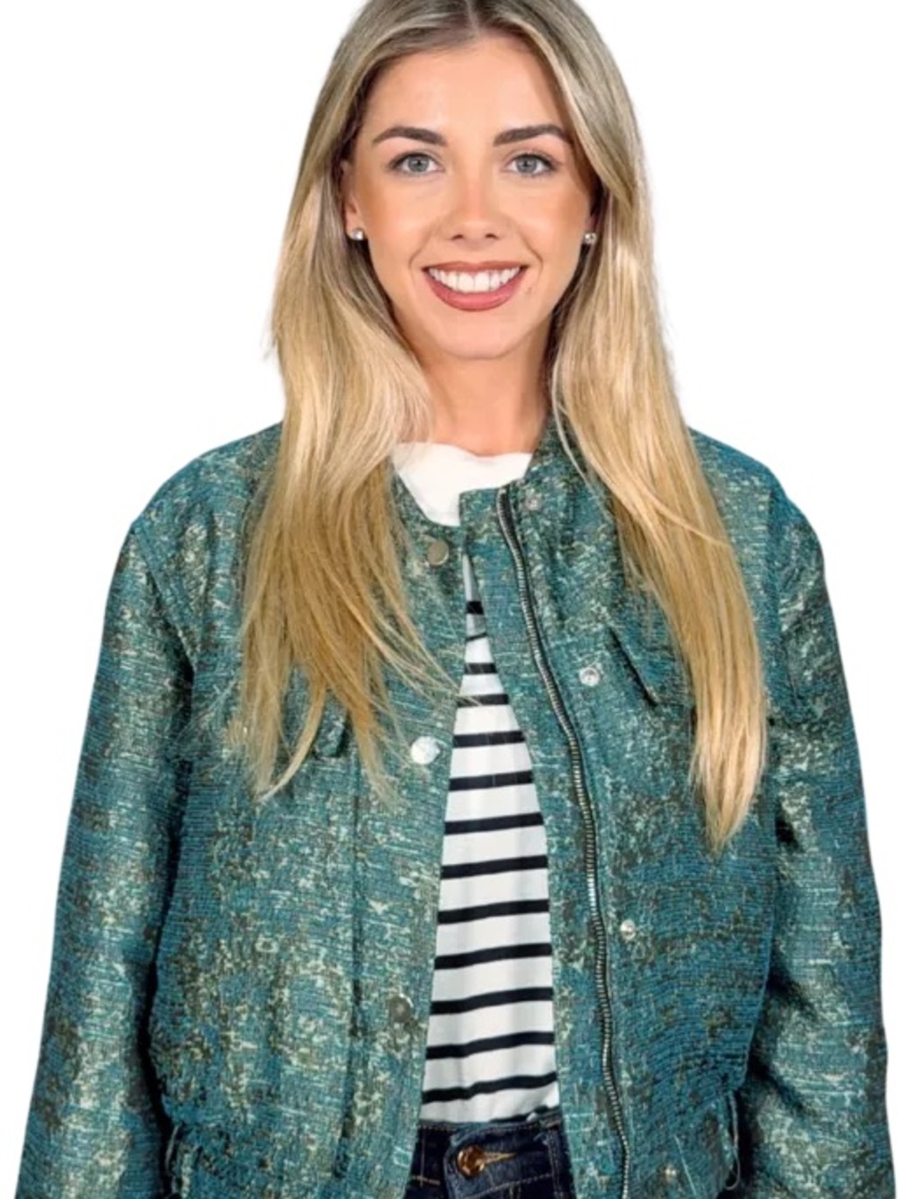 Zara Teal Green Metallic-Thread Bomber Jacket - Picture 2 of 11